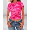 imageBTFBM Womens Sheer Mesh Summer Tops 2025 Crew Neck Short Sleeve Print Ruched Slim Fit Club Going Out T ShirtsFloral Rose Pink