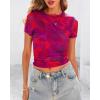 imageBTFBM Womens Sheer Mesh Summer Tops 2025 Crew Neck Short Sleeve Print Ruched Slim Fit Club Going Out T ShirtsFloral Rust Red