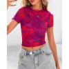 imageBTFBM Womens Sheer Mesh Summer Tops 2025 Crew Neck Short Sleeve Print Ruched Slim Fit Club Going Out T ShirtsFloral Rust Red