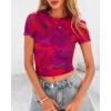 imageBTFBM Womens Sheer Mesh Summer Tops 2025 Crew Neck Short Sleeve Print Ruched Slim Fit Club Going Out T ShirtsFloral Rust Red