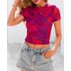 imageBTFBM Womens Sheer Mesh Summer Tops 2025 Crew Neck Short Sleeve Print Ruched Slim Fit Club Going Out T ShirtsFloral Rust Red