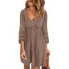 imageBTFBM Women 2025 Casual Button Down Summer Fall Dresses Long Sleeve Crew Neck Solid High Waist Short Tunic Mini DressLong Buttons Dark Khaki