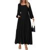 imageBTFBM Women Formal Dress Spring Square Neck Puff Long Sleeve Smocked Tiered Flowy Wedding Guest Maxi Dresses PocketsBlack