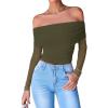 imageBTFBM Womens Off Shoulder Tops 2025 Spring Summer Sheer Long Sleeve Shirts Stretchy Ruched Slim Fit Going Out Crop TopArmy Green