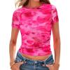 imageBTFBM Womens Sheer Mesh Summer Tops 2025 Crew Neck Short Sleeve Print Ruched Slim Fit Club Going Out T ShirtsFloral Rose Pink