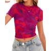 imageBTFBM Womens Sheer Mesh Summer Tops 2025 Crew Neck Short Sleeve Print Ruched Slim Fit Club Going Out T ShirtsFloral Rust Red