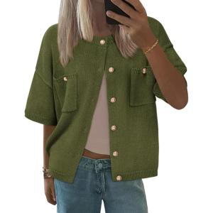 imageBTFBM Short Sleeve Cardigans for Women Button Up Sweaters Y2k Spring Summer 2025 Crew Neck Business Casual Work ClothesArmy Green