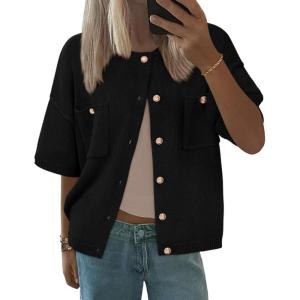 imageBTFBM Short Sleeve Cardigans for Women Button Up Sweaters Y2k Spring Summer 2025 Crew Neck Business Casual Work ClothesBlack