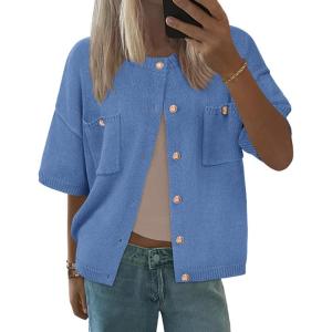 imageBTFBM Short Sleeve Cardigans for Women Button Up Sweaters Y2k Spring Summer 2025 Crew Neck Business Casual Work ClothesBlue