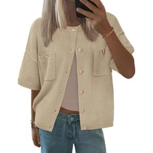 imageBTFBM Short Sleeve Cardigans for Women Button Up Sweaters Y2k Spring Summer 2025 Crew Neck Business Casual Work ClothesLight Khaki