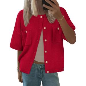 imageBTFBM Short Sleeve Cardigans for Women Button Up Sweaters Y2k Spring Summer 2025 Crew Neck Business Casual Work ClothesRed