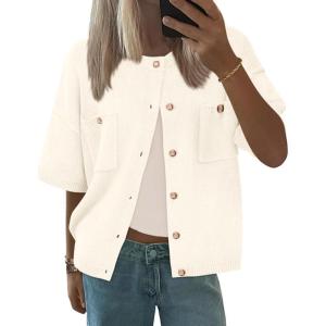 imageBTFBM Short Sleeve Cardigans for Women Button Up Sweaters Y2k Spring Summer 2025 Crew Neck Business Casual Work ClothesWhite