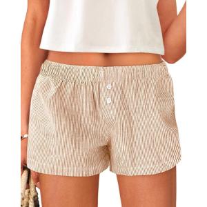 imageBTFBM Striped Boxer Shorts for Women 2025 Summer Elastic Waist Y2k Vacation Beach Bottoms Lounge Sleep Pj Pajama ShortsKhaki White