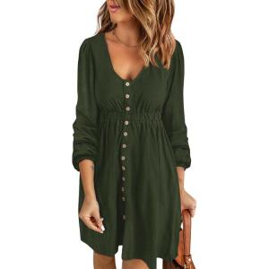 imageBTFBM Women 2025 Casual Button Down Summer Fall Dresses Long Sleeve Crew Neck Solid High Waist Short Tunic Mini DressLong Buttons Army Green
