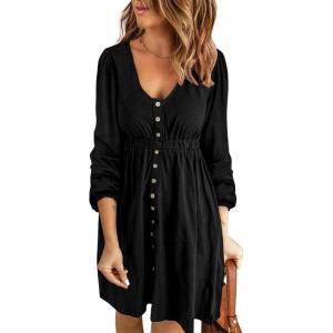 imageBTFBM Women 2025 Casual Button Down Summer Fall Dresses Long Sleeve Crew Neck Solid High Waist Short Tunic Mini DressLong Buttons Black