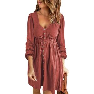 imageBTFBM Women 2025 Casual Button Down Summer Fall Dresses Long Sleeve Crew Neck Solid High Waist Short Tunic Mini DressLong Buttons Brick Red
