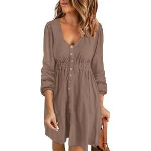 imageBTFBM Women 2025 Casual Button Down Summer Fall Dresses Long Sleeve Crew Neck Solid High Waist Short Tunic Mini DressLong Buttons Dark Khaki