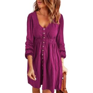 imageBTFBM Women 2025 Casual Button Down Summer Fall Dresses Long Sleeve Crew Neck Solid High Waist Short Tunic Mini DressLong Buttons Purple Red