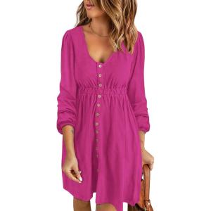 imageBTFBM Women 2025 Casual Button Down Summer Fall Dresses Long Sleeve Crew Neck Solid High Waist Short Tunic Mini DressLong Buttons Rose Red