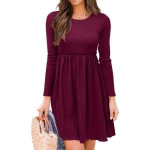 imageBTFBM Women 2025 Casual Button Down Summer Fall Dresses Long Sleeve Crew Neck Solid High Waist Short Tunic Mini DressLong Sleeve Purple Red