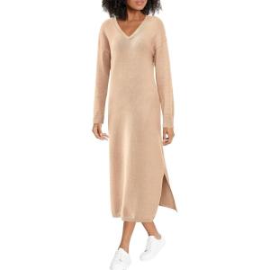 imageBTFBM Women Fall Sweater Dress Casual V Neck Long Sleeve Slit Knit Oversized Maternity Sweaters Maxi Dresses 2025 WinterSolid Beige
