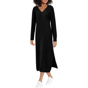 imageBTFBM Women Fall Sweater Dress Casual V Neck Long Sleeve Slit Knit Oversized Maternity Sweaters Maxi Dresses 2025 WinterSolid Black