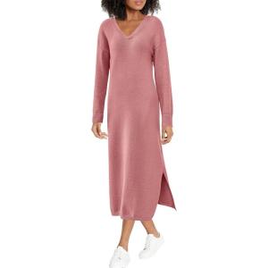 imageBTFBM Women Fall Sweater Dress Casual V Neck Long Sleeve Slit Knit Oversized Maternity Sweaters Maxi Dresses 2025 WinterSolid Pink