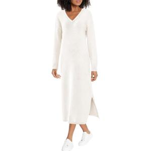 imageBTFBM Women Fall Sweater Dress Casual V Neck Long Sleeve Slit Knit Oversized Maternity Sweaters Maxi Dresses 2025 WinterSolid White