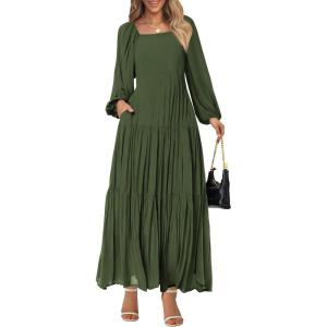 imageBTFBM Women Formal Dress Spring Square Neck Puff Long Sleeve Smocked Tiered Flowy Wedding Guest Maxi Dresses PocketsArmy Green