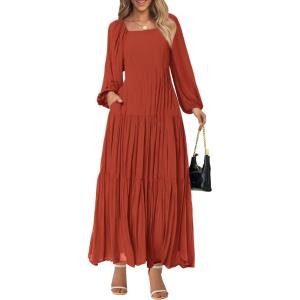 imageBTFBM Women Formal Dress Spring Square Neck Puff Long Sleeve Smocked Tiered Flowy Wedding Guest Maxi Dresses PocketsBrick Red