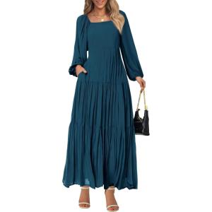 imageBTFBM Women Formal Dress Spring Square Neck Puff Long Sleeve Smocked Tiered Flowy Wedding Guest Maxi Dresses PocketsDark Blue