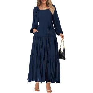 imageBTFBM Women Formal Dress Spring Square Neck Puff Long Sleeve Smocked Tiered Flowy Wedding Guest Maxi Dresses PocketsNavy