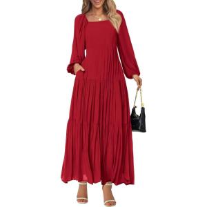 imageBTFBM Women Formal Dress Spring Square Neck Puff Long Sleeve Smocked Tiered Flowy Wedding Guest Maxi Dresses PocketsRed
