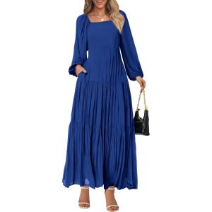 imageBTFBM Women Formal Dress Spring Square Neck Puff Long Sleeve Smocked Tiered Flowy Wedding Guest Maxi Dresses PocketsRoyal Blue