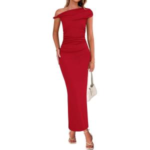 imageBTFBM Womens Formal Cocktail Dresses One Shoulder Twist Strap Sundress Ruched Bodycon Elegant Wedding Party Maxi DressRed