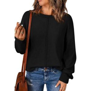 imageBTFBM Womens Loose Pullover Sweaters Fall Winter Clothes 2025 Crewneck Slouchy Sweater Long Sleeve Casual Knitted TopsSolid Black