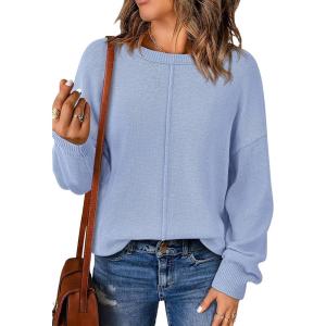 imageBTFBM Womens Loose Pullover Sweaters Fall Winter Clothes 2025 Crewneck Slouchy Sweater Long Sleeve Casual Knitted TopsSolid Blue