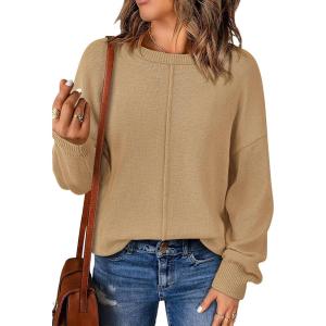 imageBTFBM Womens Loose Pullover Sweaters Fall Winter Clothes 2025 Crewneck Slouchy Sweater Long Sleeve Casual Knitted TopsSolid Khaki