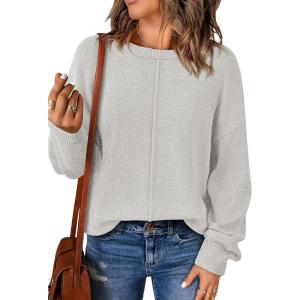 imageBTFBM Womens Loose Pullover Sweaters Fall Winter Clothes 2025 Crewneck Slouchy Sweater Long Sleeve Casual Knitted TopsSolid Light Grey