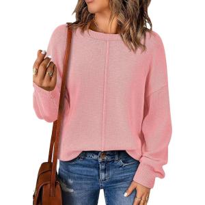 imageBTFBM Womens Loose Pullover Sweaters Fall Winter Clothes 2025 Crewneck Slouchy Sweater Long Sleeve Casual Knitted TopsSolid Pink