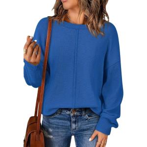 imageBTFBM Womens Loose Pullover Sweaters Fall Winter Clothes 2025 Crewneck Slouchy Sweater Long Sleeve Casual Knitted TopsSolid Royal Blue