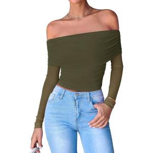 imageBTFBM Womens Off Shoulder Tops 2025 Spring Summer Sheer Long Sleeve Shirts Stretchy Ruched Slim Fit Going Out Crop TopArmy Green