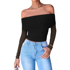imageBTFBM Womens Off Shoulder Tops 2025 Spring Summer Sheer Long Sleeve Shirts Stretchy Ruched Slim Fit Going Out Crop TopBlack