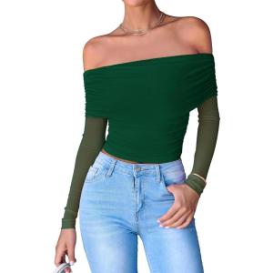 imageBTFBM Womens Off Shoulder Tops 2025 Spring Summer Sheer Long Sleeve Shirts Stretchy Ruched Slim Fit Going Out Crop TopDark Green