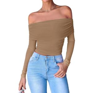 imageBTFBM Womens Off Shoulder Tops 2025 Spring Summer Sheer Long Sleeve Shirts Stretchy Ruched Slim Fit Going Out Crop TopKhaki