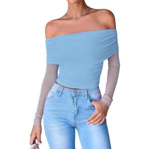 imageBTFBM Womens Off Shoulder Tops 2025 Spring Summer Sheer Long Sleeve Shirts Stretchy Ruched Slim Fit Going Out Crop TopLight Blue