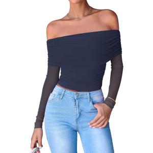 imageBTFBM Womens Off Shoulder Tops 2025 Spring Summer Sheer Long Sleeve Shirts Stretchy Ruched Slim Fit Going Out Crop TopNavy