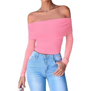 imageBTFBM Womens Off Shoulder Tops 2025 Spring Summer Sheer Long Sleeve Shirts Stretchy Ruched Slim Fit Going Out Crop TopPink
