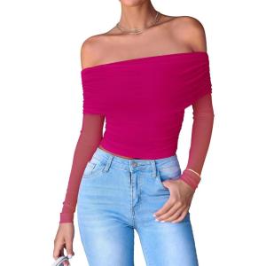 imageBTFBM Womens Off Shoulder Tops 2025 Spring Summer Sheer Long Sleeve Shirts Stretchy Ruched Slim Fit Going Out Crop TopRose Red