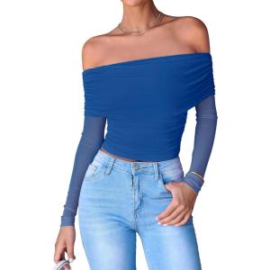 imageBTFBM Womens Off Shoulder Tops 2025 Spring Summer Sheer Long Sleeve Shirts Stretchy Ruched Slim Fit Going Out Crop TopRoyal Blue
